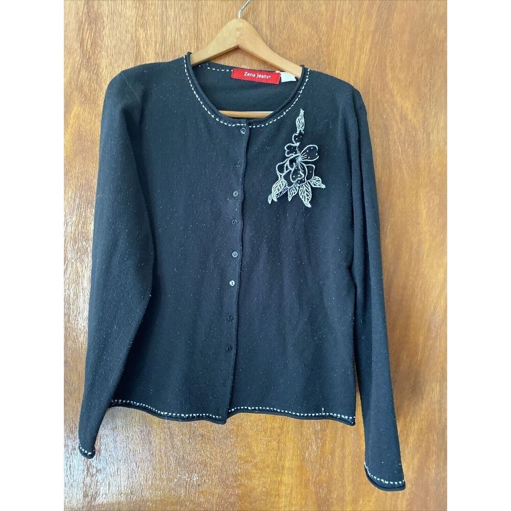 Zena Jeans Black Sweater Cardigan Embellished With White Size Large Free Ship